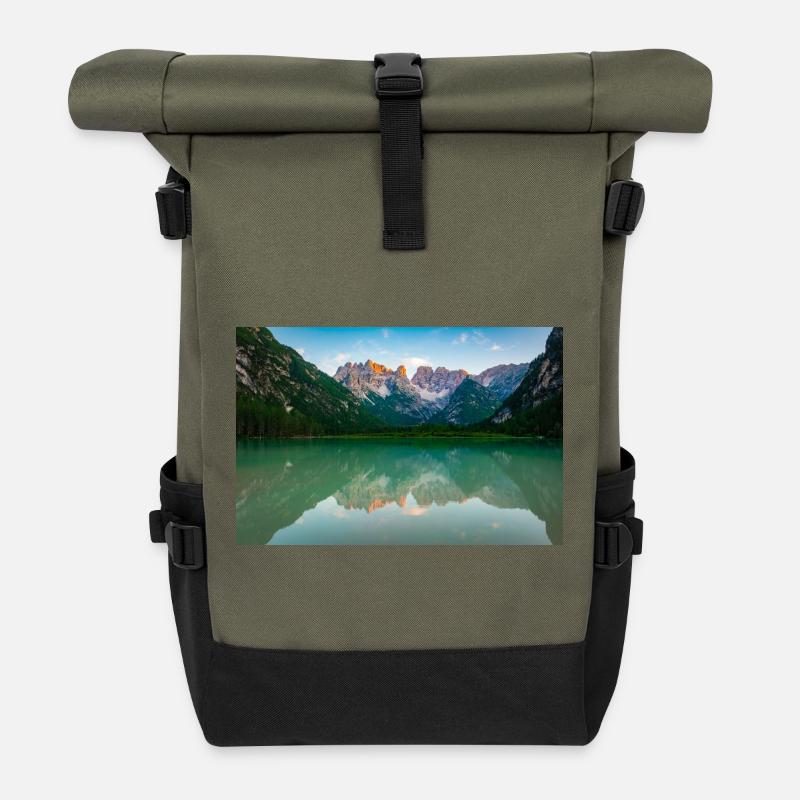 Alpine Lake Mirror Image - Roll Top Backpack - olive/black