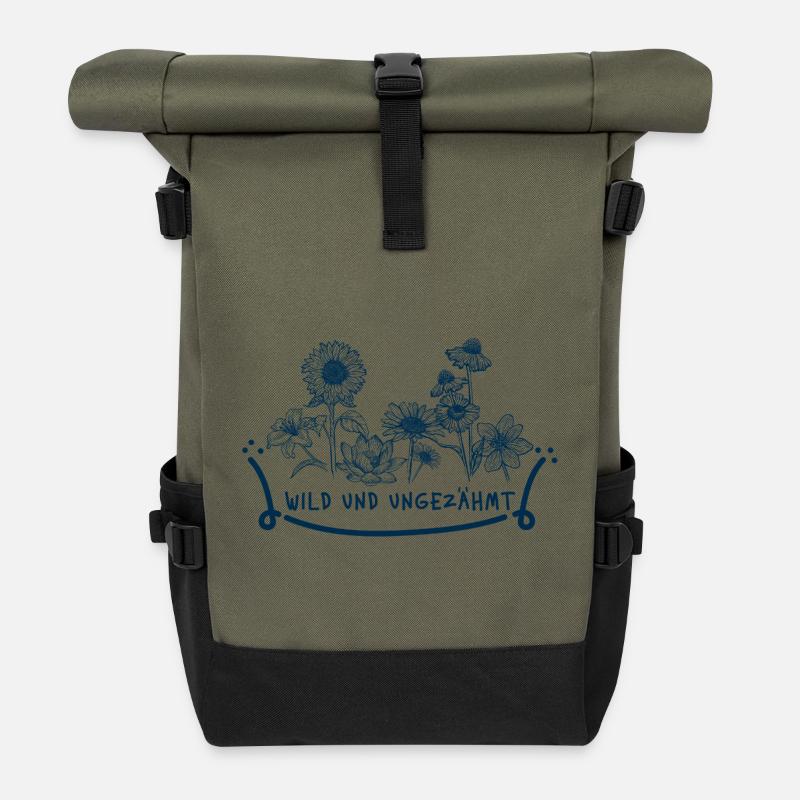 Wild und ungezähmt – Florales Blumen Statement - Rolltop Rucksack - Olive/Schwarz