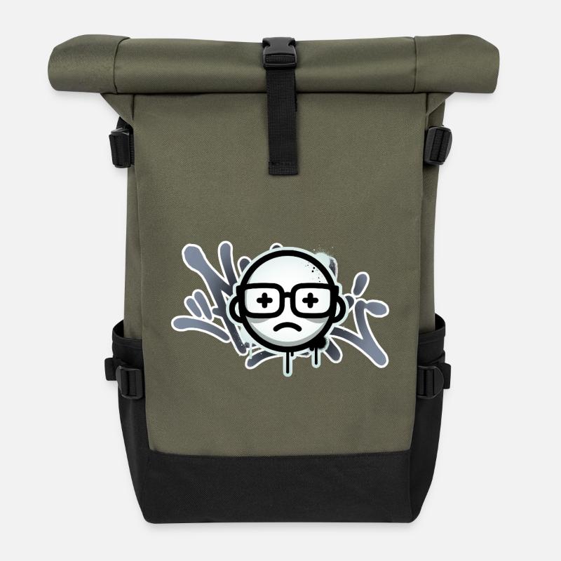 Sad graffiti face with glasses - Roll Top Backpack - olive/black