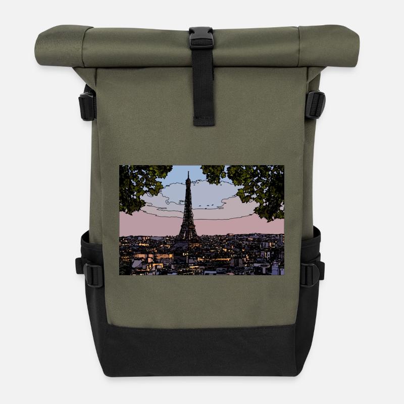 Paris Abendstimmung am Eiffelturm - Rolltop Rucksack - Olive/Schwarz