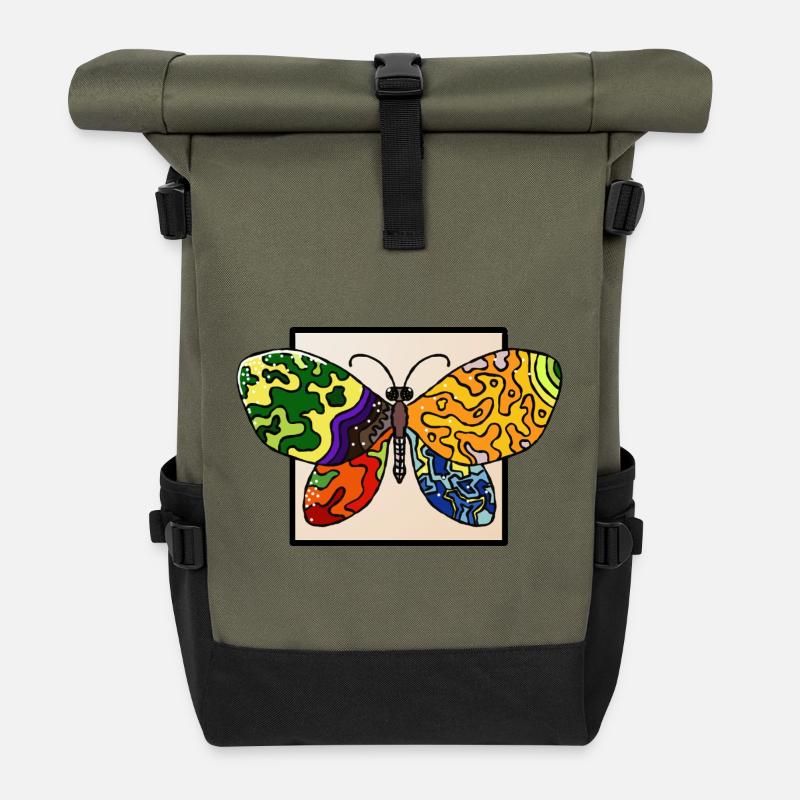 Mehrfarbiger psyedelischer Schmetterling - Rolltop Rucksack - Olive/Schwarz