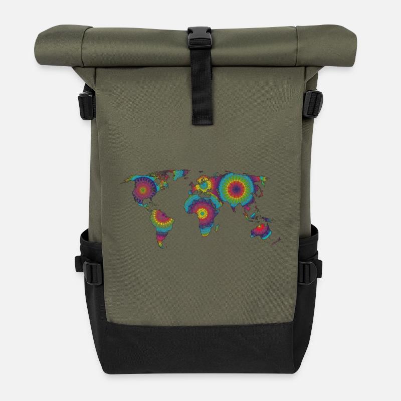 Mandala-Weltkarte bunt - Rolltop Rucksack - Olive/Schwarz