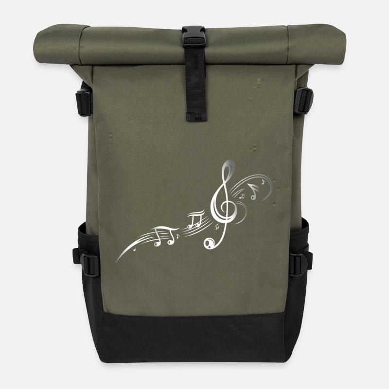 Music, clef with stars and music notes. Silver. - Roll Top Backpack - olive/black