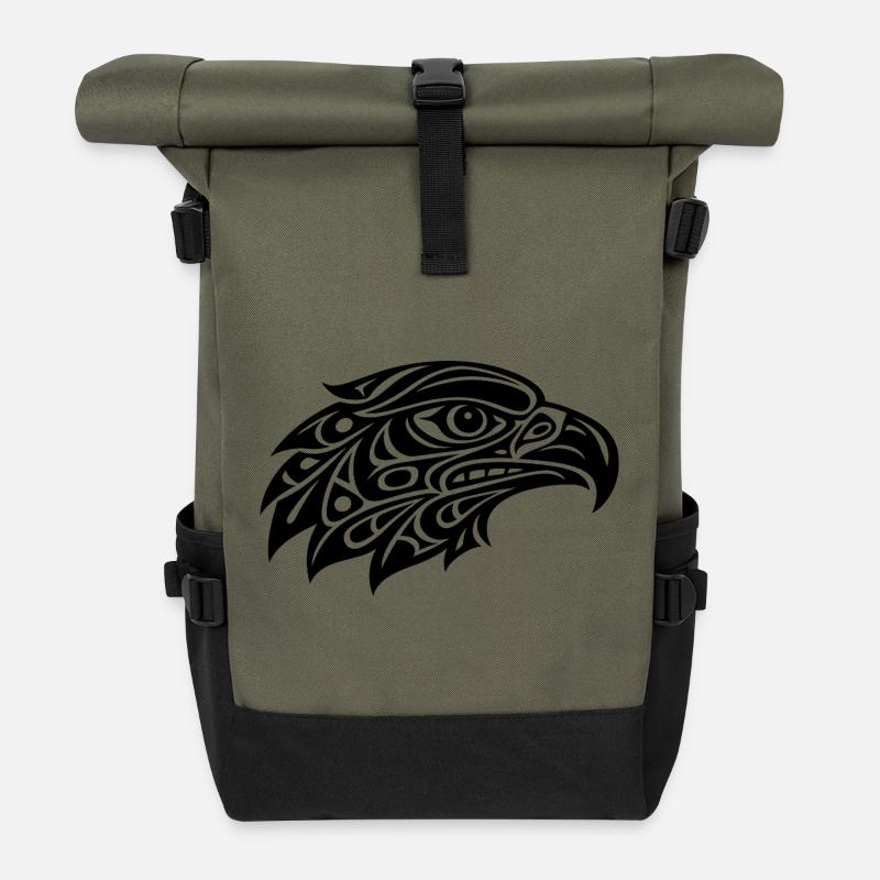 Tribal Eagle Head – Powerful Black & White Design - Roll Top Backpack - olive/black