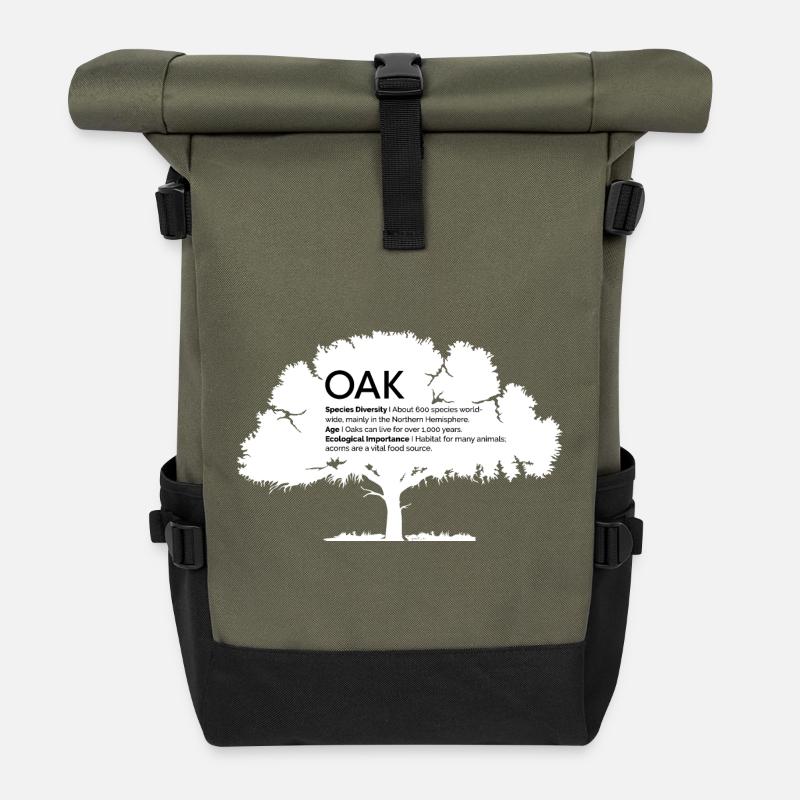 OAK Eichen mit Informationen Naturschutz Baum Wald - Rolltop Rucksack - Olive/Schwarz