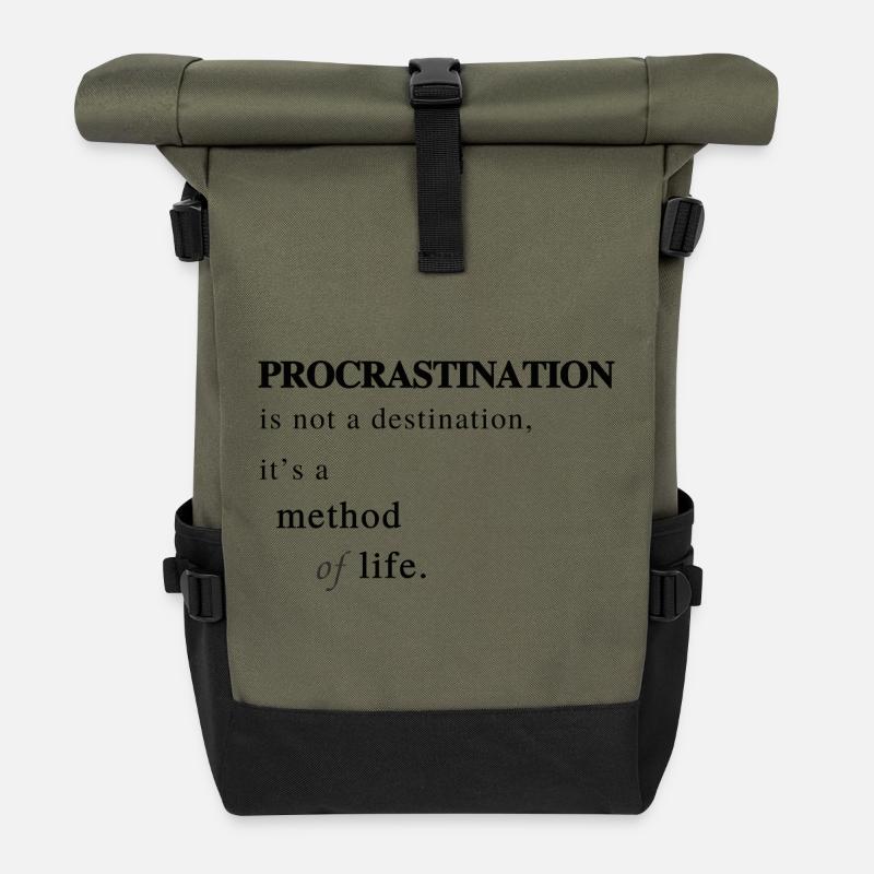 Prokrastination als Lebensmethode - Spruch - Rolltop Rucksack - Olive/Schwarz