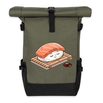 Kawaii Nigiri Sushi auf Bambus Matte - Rolltop Rucksack - Olive/Schwarz - Vorne