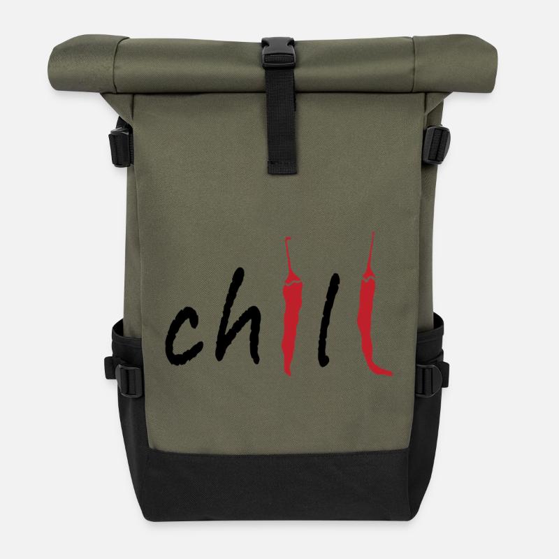 Piment piment Typographie minimaliste épicée Design alimentaire - Sac à dos roll top - olive/noir