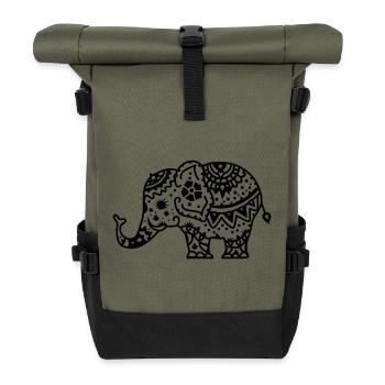 Verzierter indischer Elefant - Rolltop Rucksack - Olive/Schwarz - Vorne