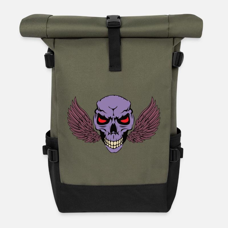 Skeletal Skull with Wings - Roll Top Backpack - olive/black