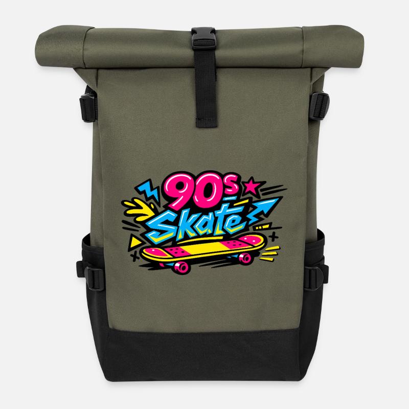 90s Skateboard Retro Flair - Roll Top Backpack - olive/black