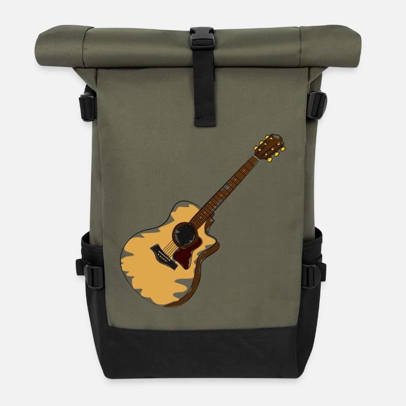 Rustikale Akustik Gitarre Illustration - Rolltop Rucksack - Olive/Schwarz