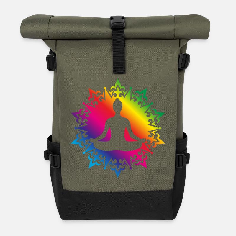 strahlend buntes Yoga Mandala mit Silhouette - Rolltop Rucksack - Olive/Schwarz