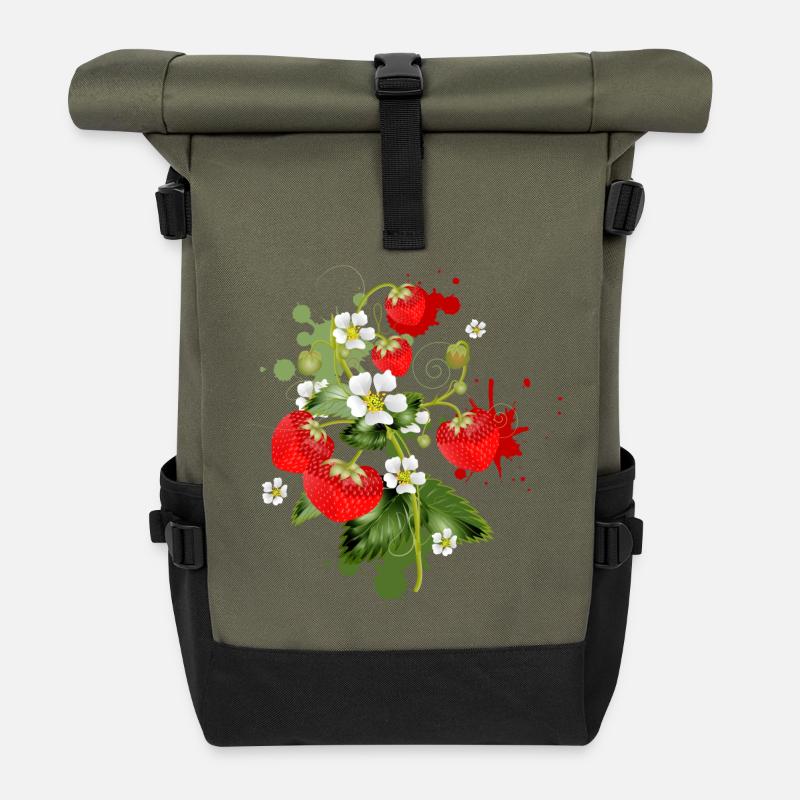 Erdbeeren Pflanze mit Erdbeeren Blüte Graffiti - Rolltop Rucksack - Olive/Schwarz