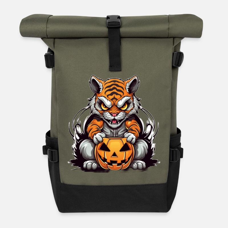Grim Tiger Halloween Design - Roll Top Backpack - olive/black