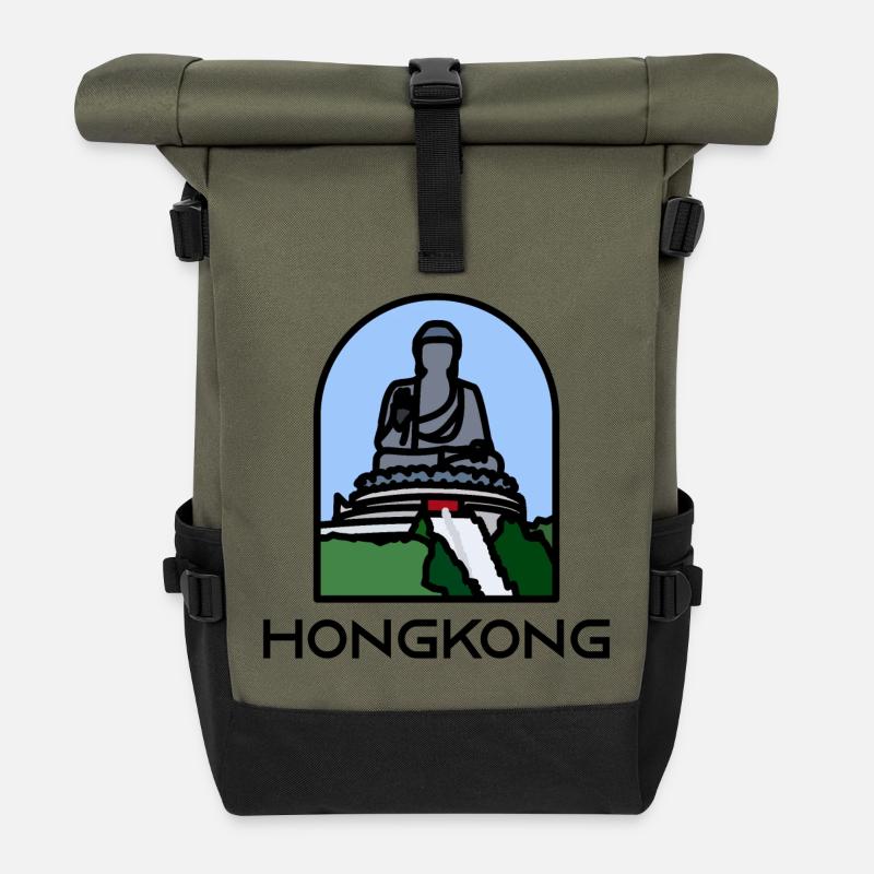 Hong Kong - Tian Tan Buddha - Roll Top Backpack - olive/black