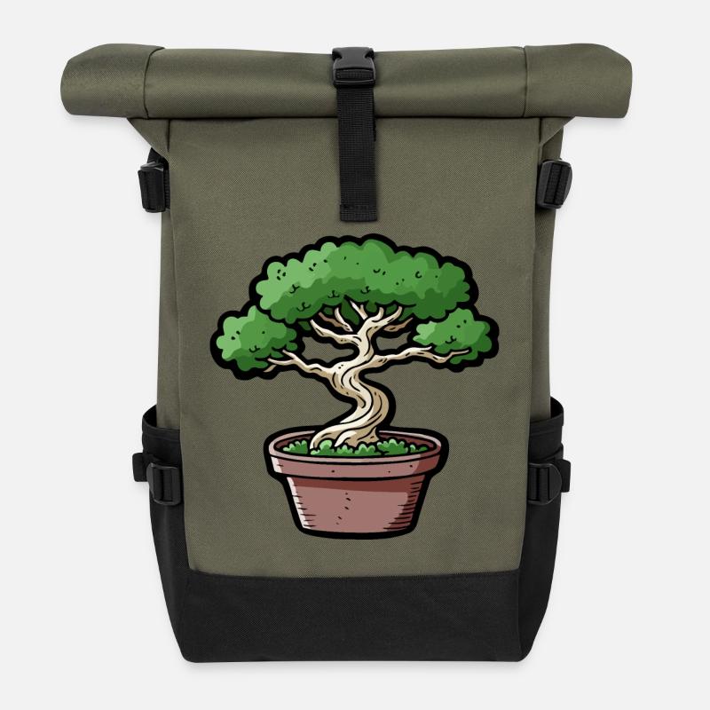 Comic Bonsai Baum - Rolltop Rucksack - Olive/Schwarz
