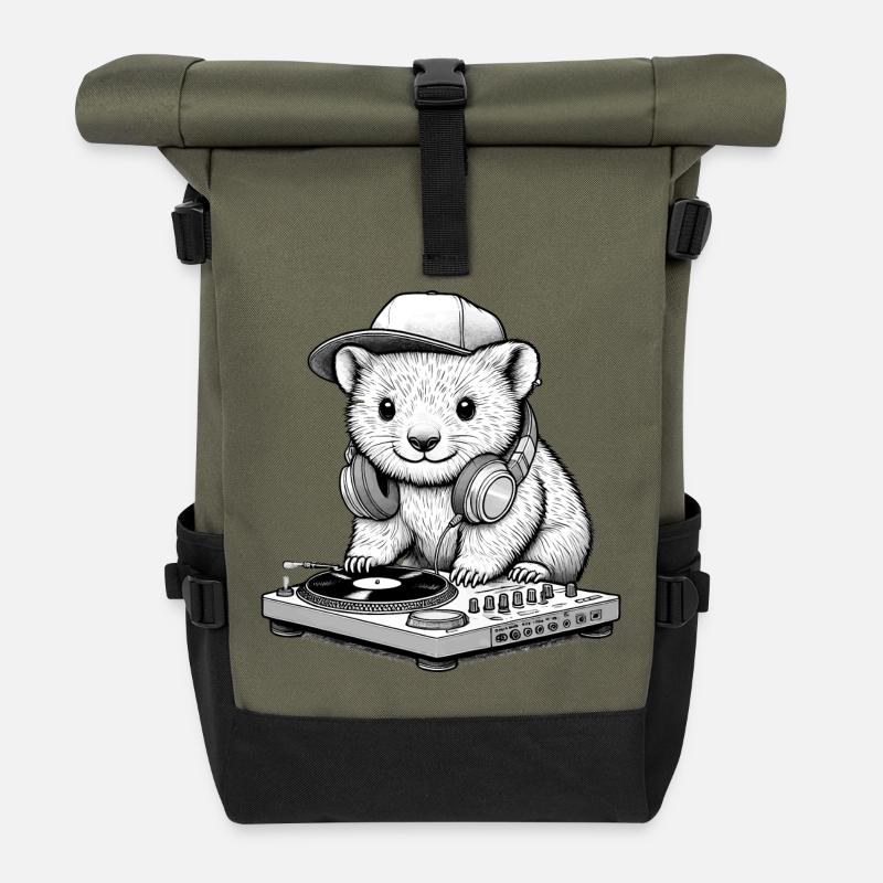 cooles Wombat-Motiv als DJ mit Kopfhörer - Rolltop Rucksack - Olive/Schwarz