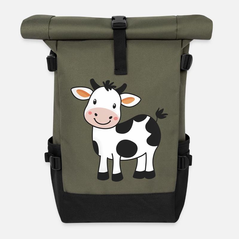 Cute Cartoon Cow - Adorable and Whimsical Design - Roll Top Backpack - olive/black