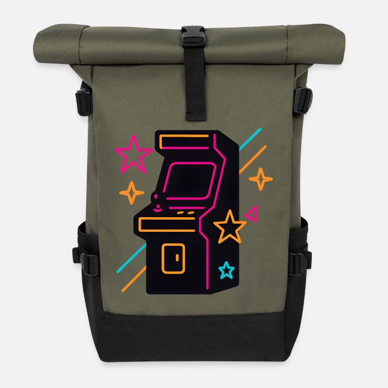 Retro neon Arcade Spiel-Design - Rolltop Rucksack - Olive/Schwarz