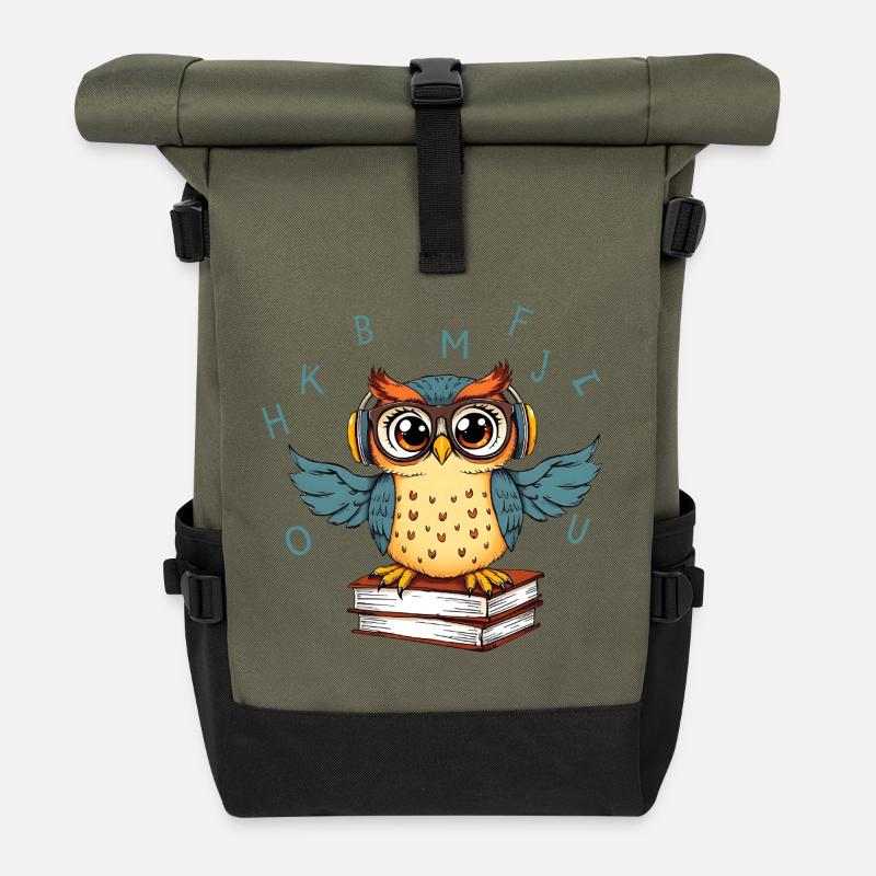 Chouette sur des livres - Sac à dos roll top - olive/noir