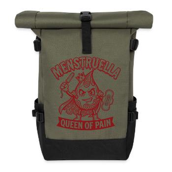 Menstruella Queen of Pain – Lustiges Perioden Desi - Rolltop Rucksack - Olive/Schwarz - Vorne