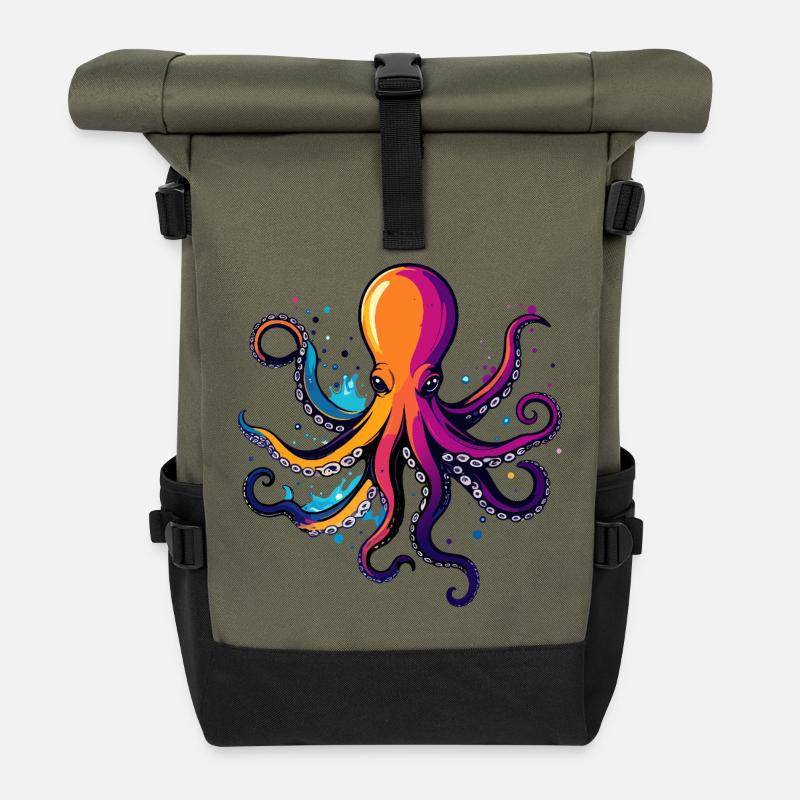 Bunter Oktopus Neon Tintentraum - Rolltop Rucksack - Olive/Schwarz