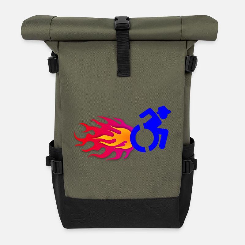 Rollstuhlfahrer mit Flammen # - Rolltop Rucksack - Olive/Schwarz
