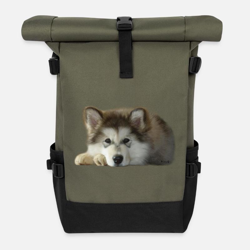 Chiot malamute Maia - Sac à dos roll top - olive/noir
