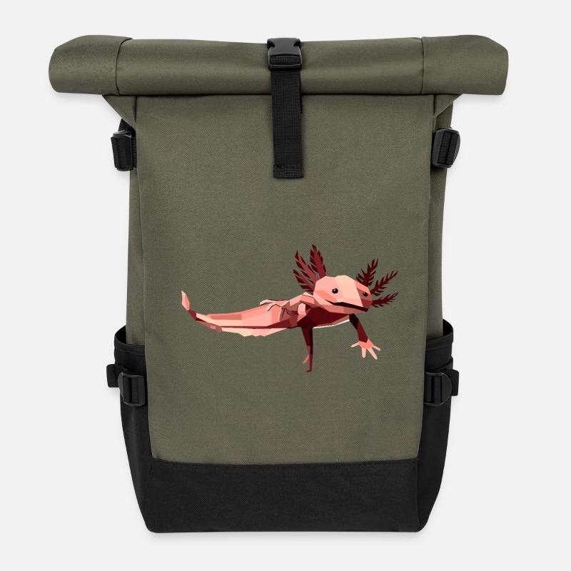 Geometrischer Axolotl mit niedrigem Poly in Rosa - Rolltop Rucksack - Olive/Schwarz