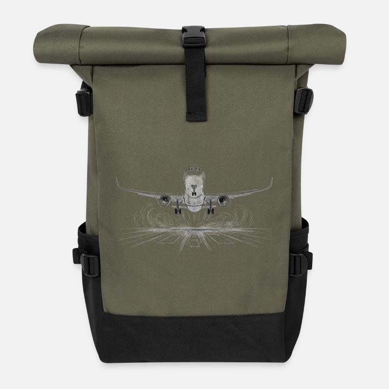 Runway Passenger Airplane Takeoff Drawing Print - Roll Top Backpack - olive/black