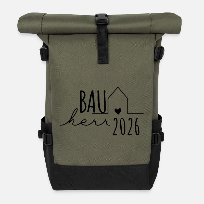 Bauherr 2026 Hausbau Geschenk Mann - Rolltop Rucksack - Olive/Schwarz