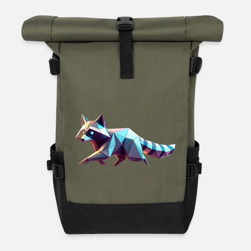 Geometrischer 3D-Origami-Waschbär - Rolltop Rucksack - Olive/Schwarz