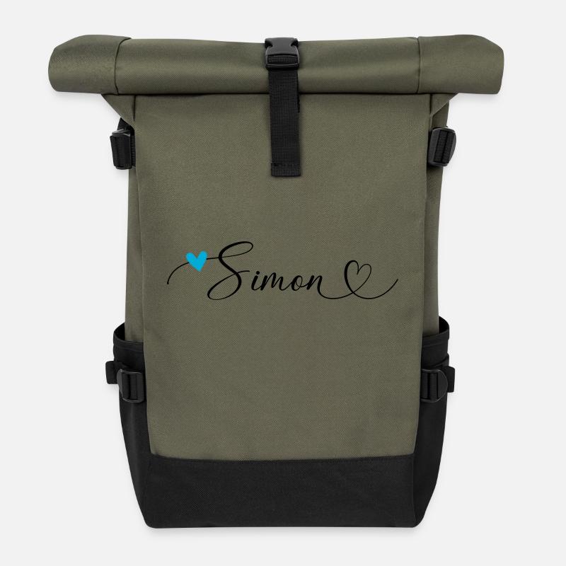 Simon Last name First name Calligraphy heart - Roll Top Backpack - olive/black
