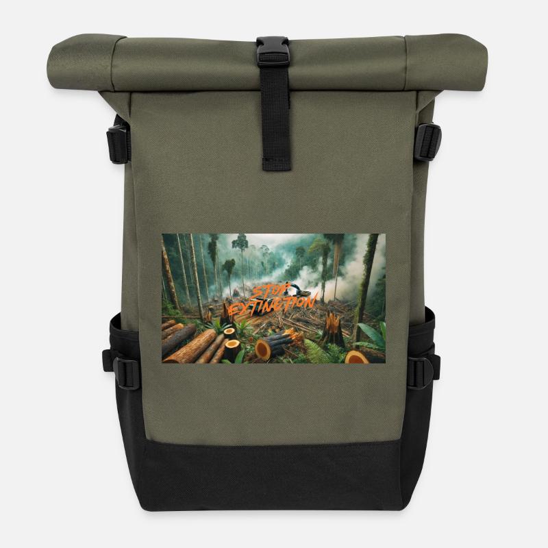Stop Extinction: Waldschutz Design - Rolltop Rucksack - Olive/Schwarz