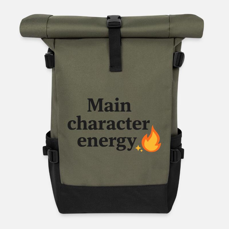 Main Character Energy with Flame - Roll Top Backpack - olive/black