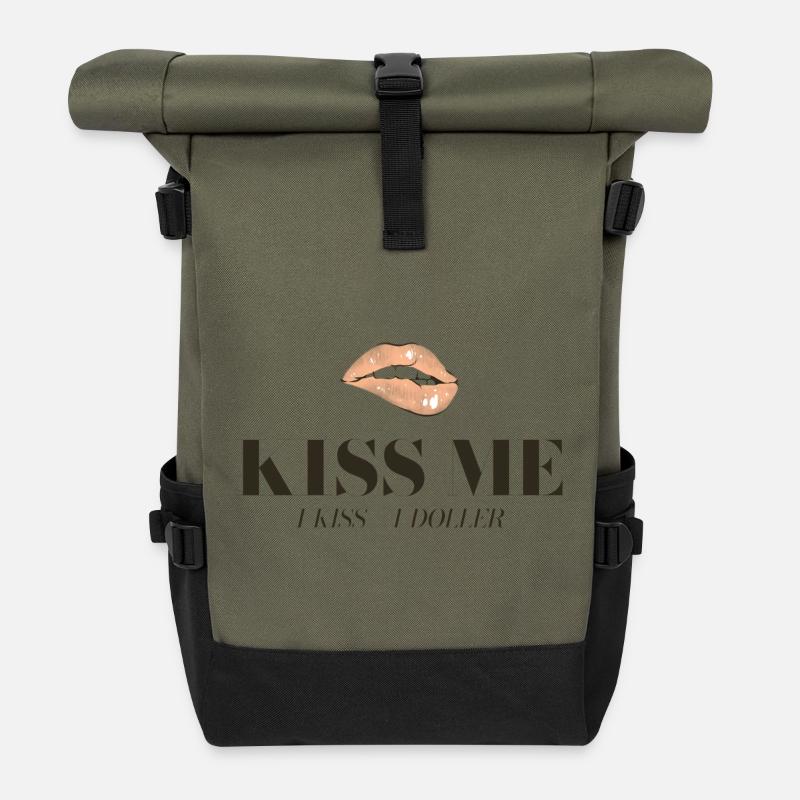 Kiss Motif: Lips and Dollar Slogan - Roll Top Backpack - olive/black