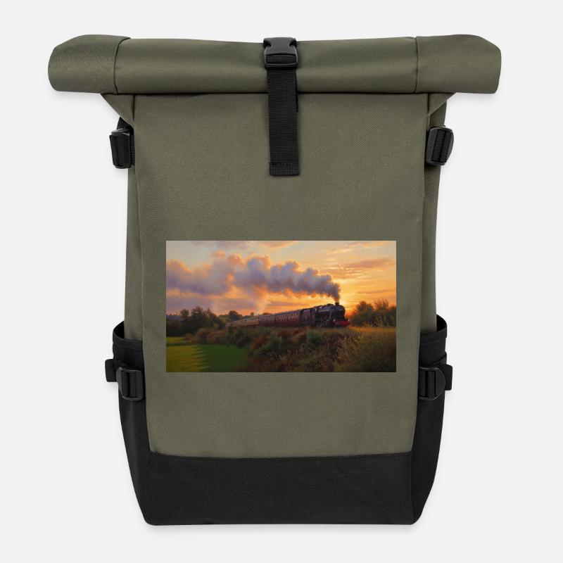Sunset Steam Train - Roll Top Backpack - olive/black