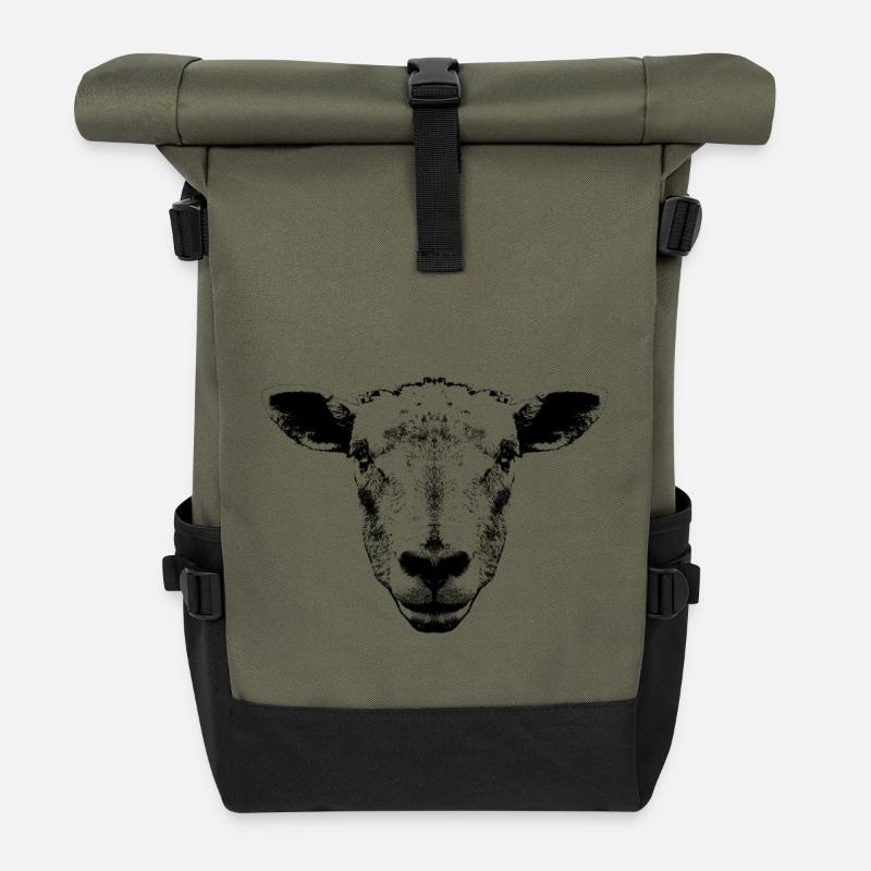 Sheep / Portrait / Head - Roll Top Backpack - olive/black