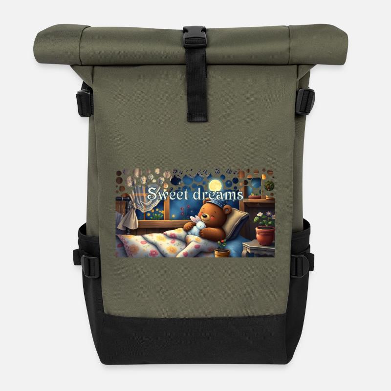 Süße Träume schlafender Bär mit Kuscheltier - Rolltop Rucksack - Olive/Schwarz