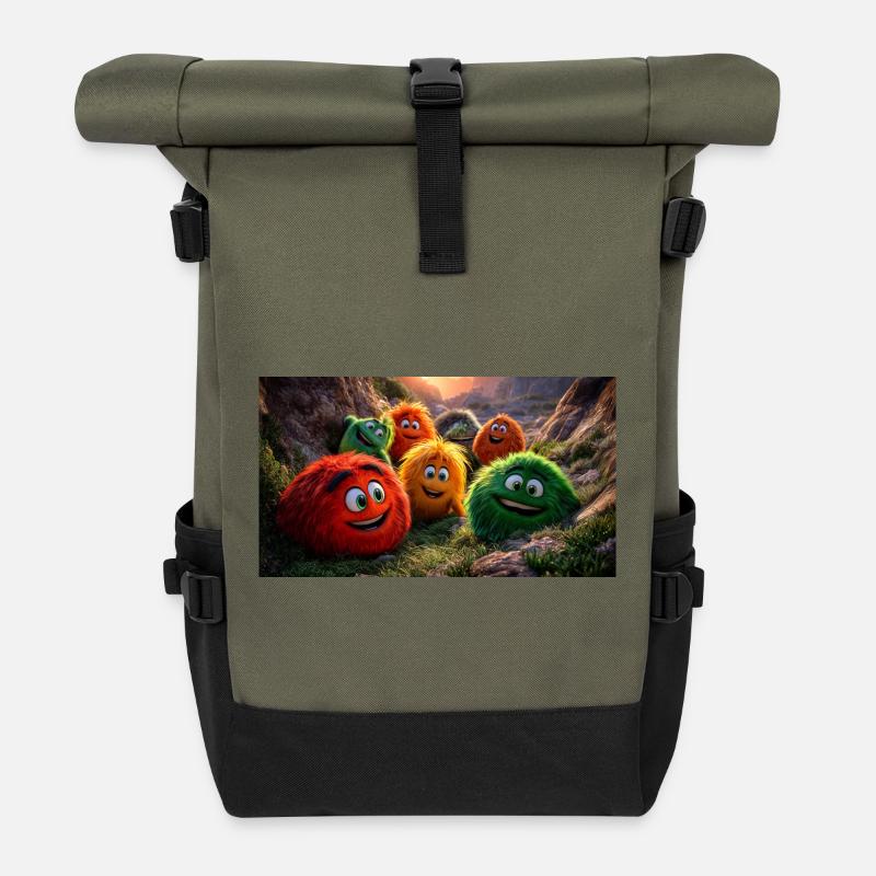 Cheerful Fluffy Monster Pixar Style Fun - Roll Top Backpack - olive/black