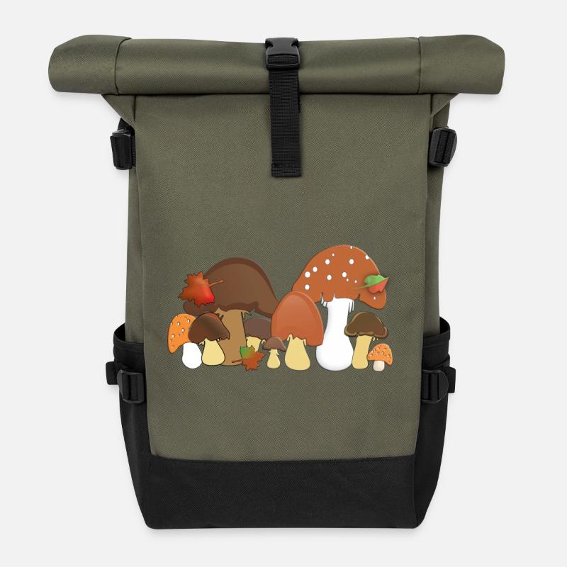 Herbstpilze Waldmotive Muster - Rolltop Rucksack - Olive/Schwarz