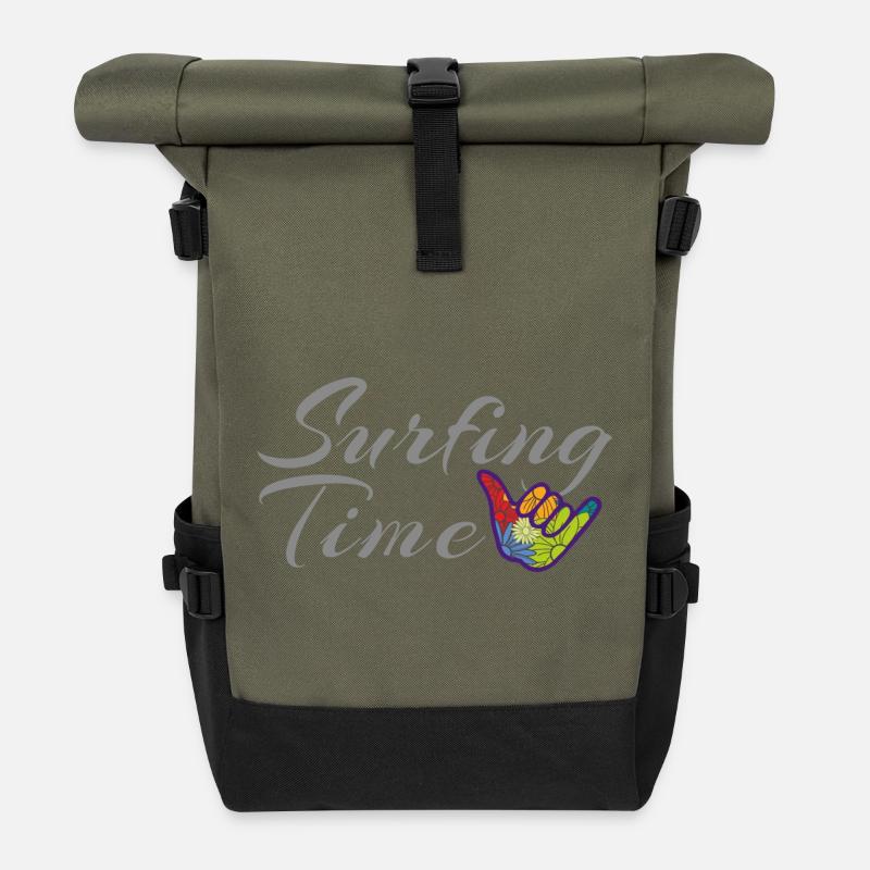 Surf, Surfing, Time - Roll Top Backpack - olive/black