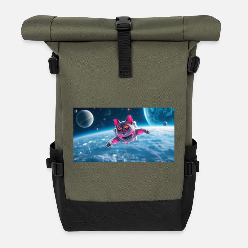 Katze Astronaut - Rolltop Rucksack - Olive/Schwarz