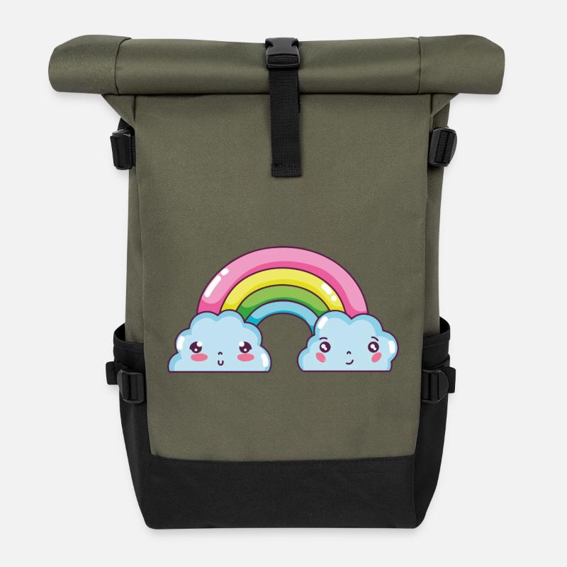 Pastel Rainbow Clouds Charm - Roll Top Backpack - olive/black