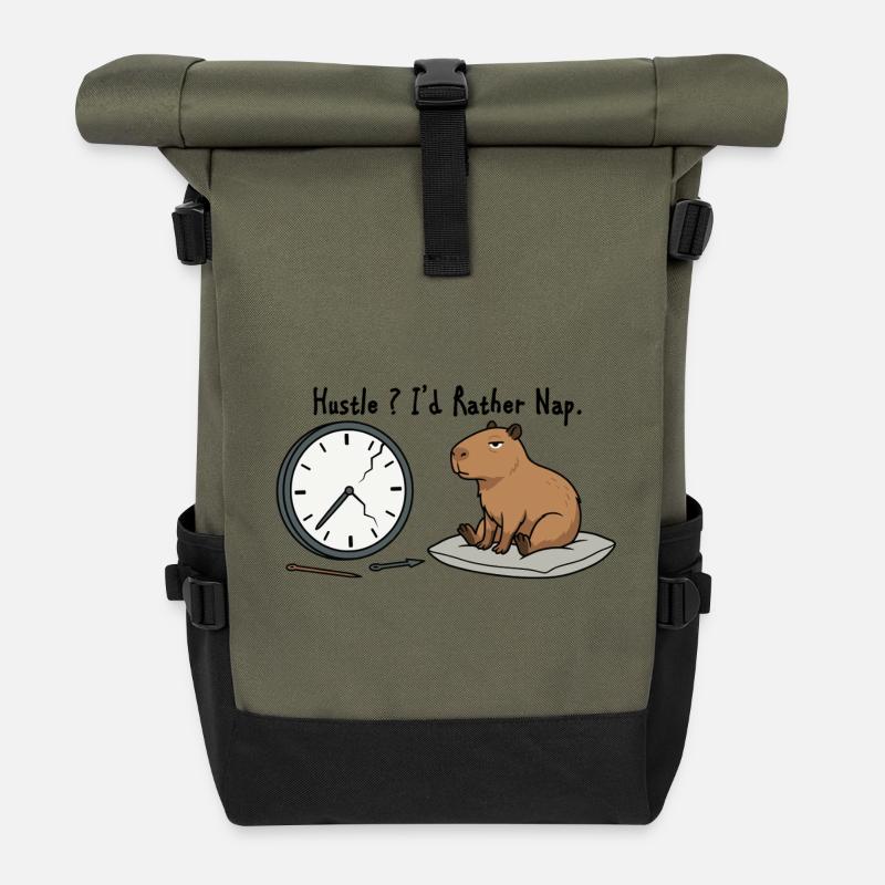 Capybara-Nickerchen-Humor Kaputte Uhr - Rolltop Rucksack - Olive/Schwarz