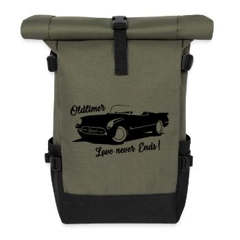 Oldtimer - Love never ends - Auto mit Schrift - Rolltop Rucksack - Olive/Schwarz - Vorne