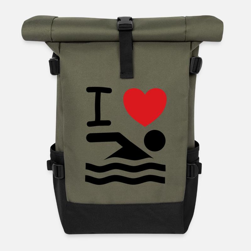 J'aime nager en disant idée cadeau - Sac à dos roll top - olive/noir