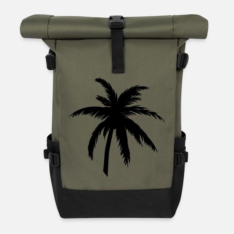 Palm Tree Silhouette Black – Tropical Style - Roll Top Backpack - olive/black