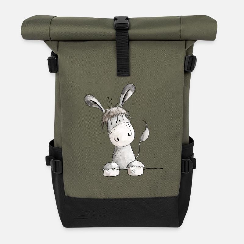 Âne heureux - animal - Sac à dos roll top - olive/noir